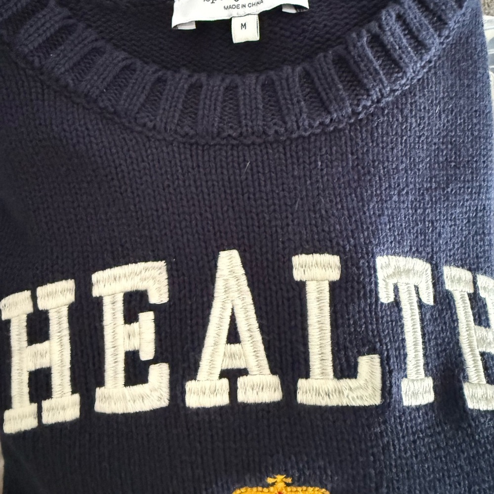 Sporty and Rich brand Medium NWT Navy Blue Cotton Crewneck Health Crest Sweater - Picture 5 of 16